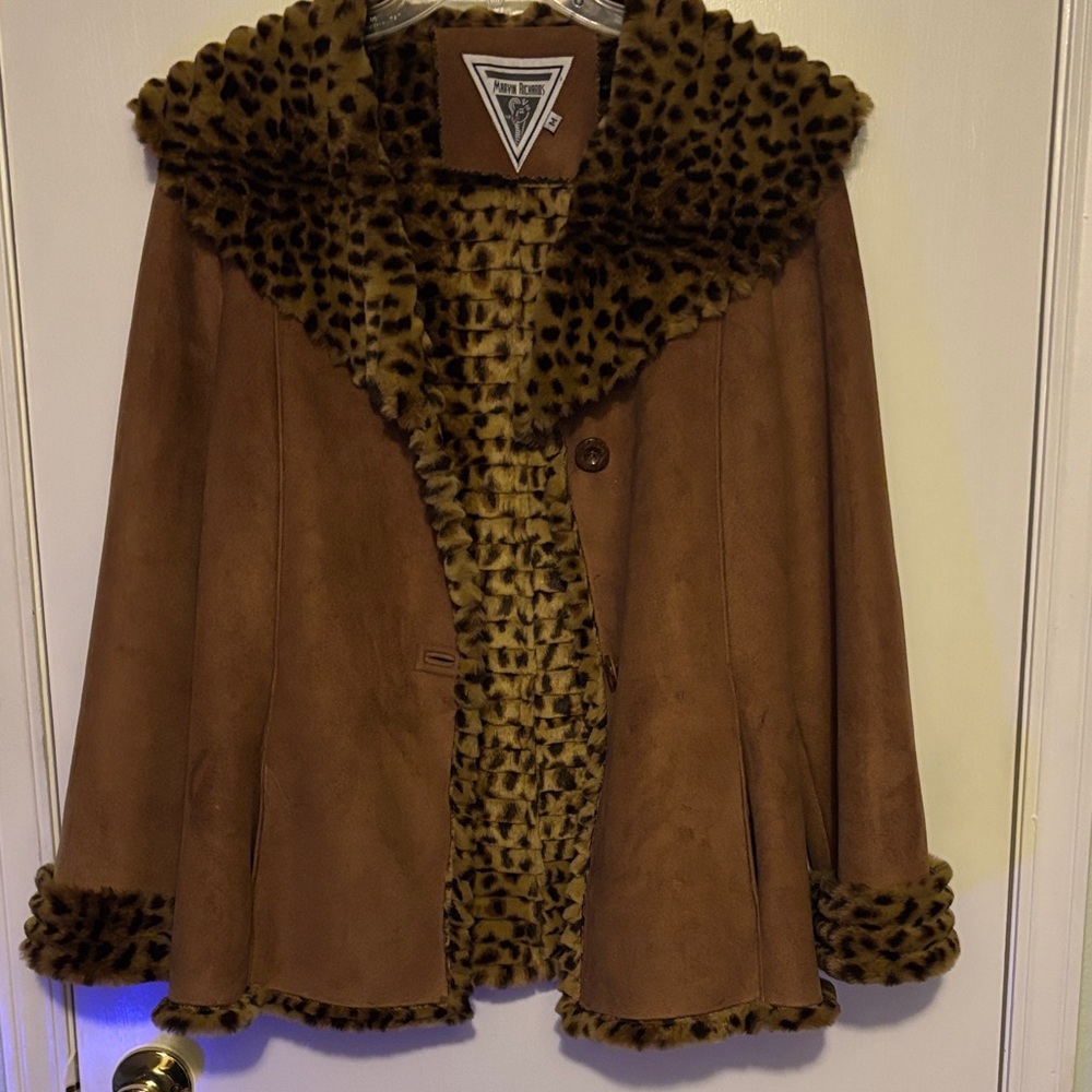Marvin Richards Brown Cape with Leopard Faux Fur Trim